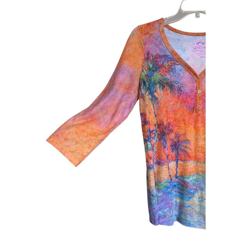 Leoma Lovegrove Tropical Palm Tree Artsy Henley Top Orange Pink Blue Small - Picture 3 of 9
